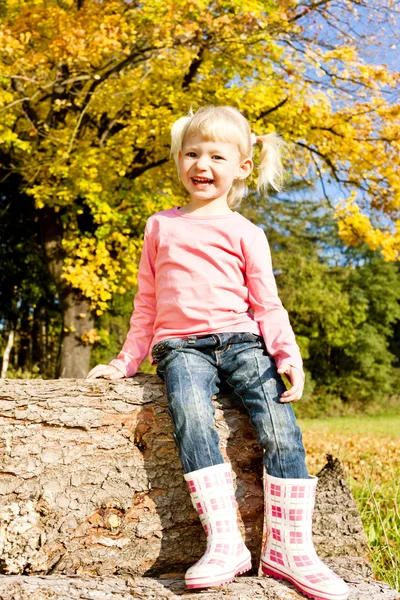 Kislány ül az őszi természet — Stock Fotó