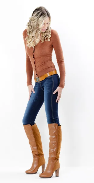 Woman wearing fashionable brown boots — Stock Photo, Image