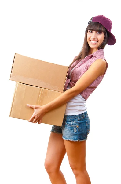 Chica joven con cajas de cartón —  Fotos de Stock