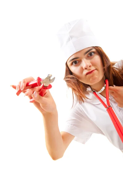 Mad nurse with clippers in hand wants to cut — Stock Photo, Image