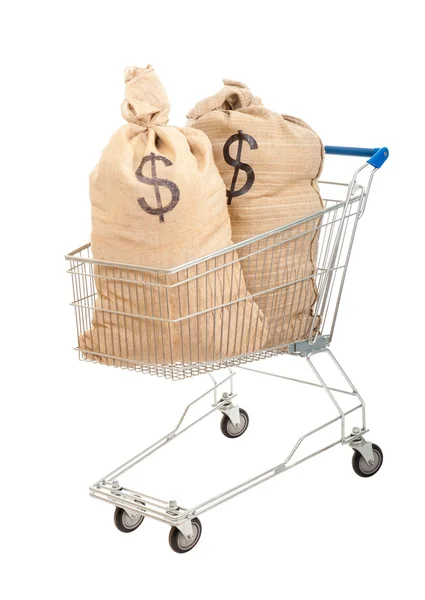 Two sacks full of dollars in shopping cart — Stock Photo, Image