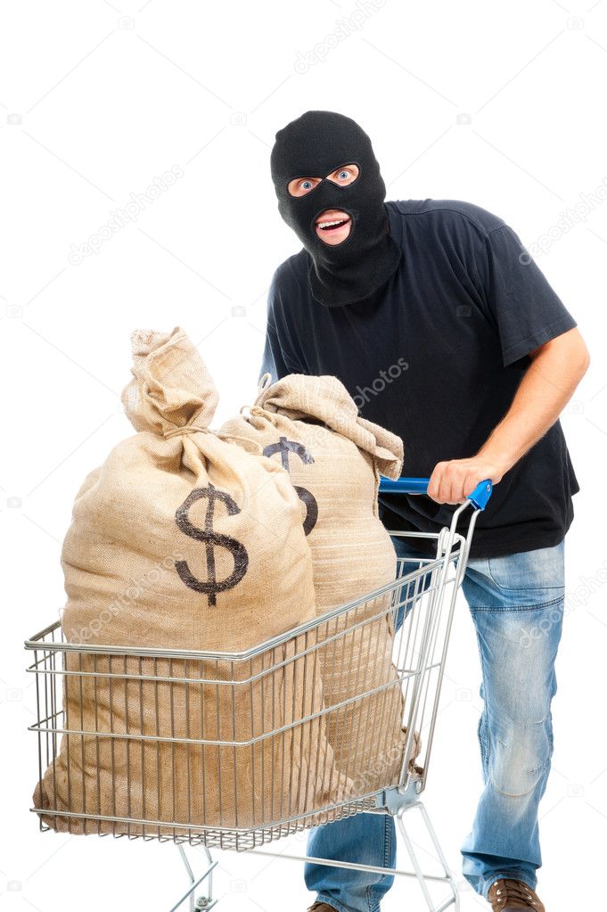 Happy robber with sacks full of dollars