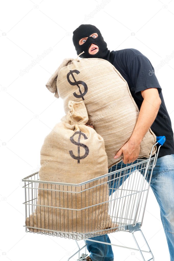 Happy robber with sacks full of dollars