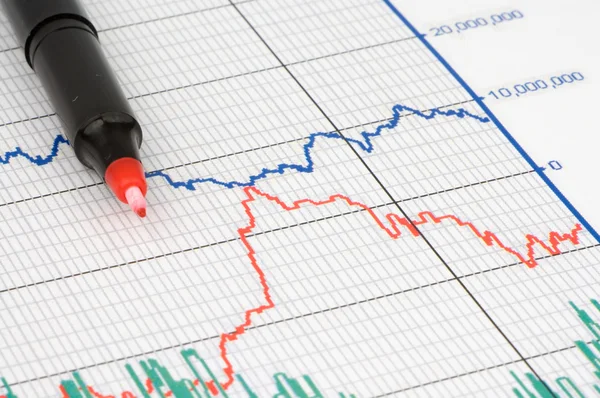 Caneta mostrando diagrama sobre relatório financeiro ou revista — Fotografia de Stock