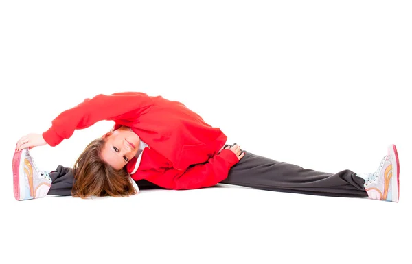Glad ung kvinna gör stretching exersises — Stockfoto