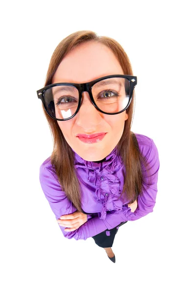 Unsatisfied businesswoman top view wide angle full portrait — Stockfoto