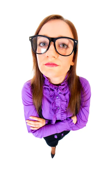 Unsatisfied businesswoman top view wide angle full portrait — Stock Photo, Image