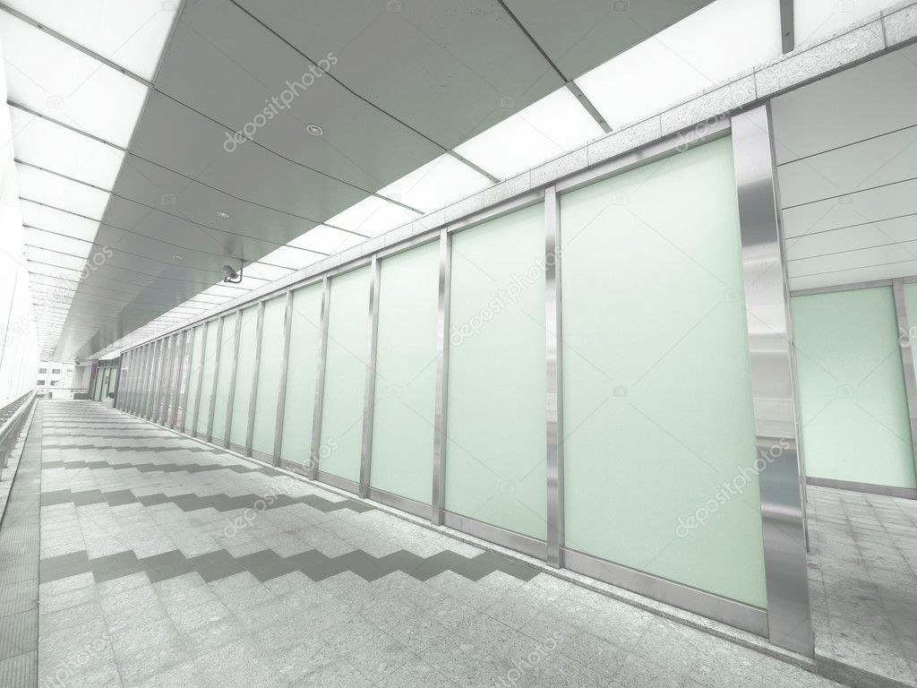 Long walkway and glass wall