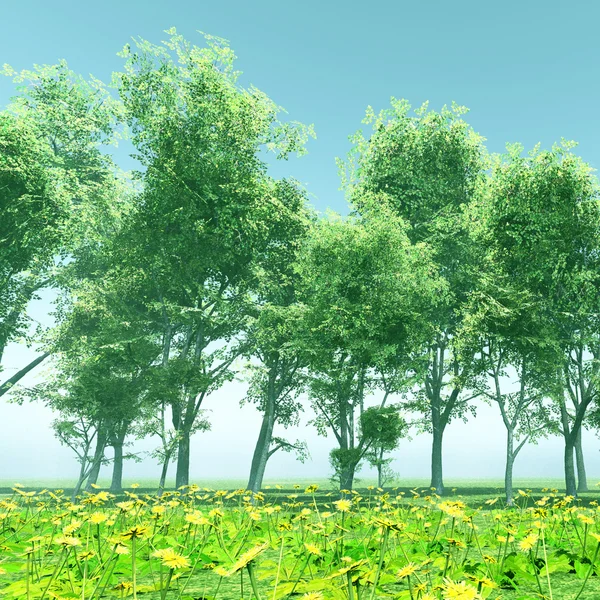 Vackert landskap med träd och blommor — Stockfoto