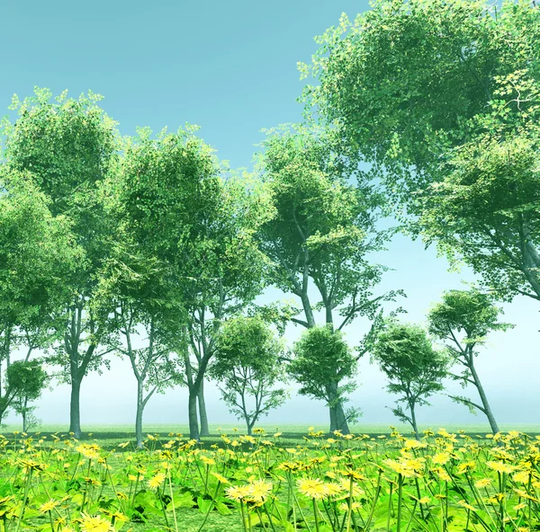 Piękny krajobraz z drzewami i kwiatami — Zdjęcie stockowe