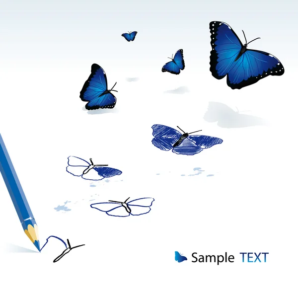 Олівець малює блакитних метеликів — стоковий вектор