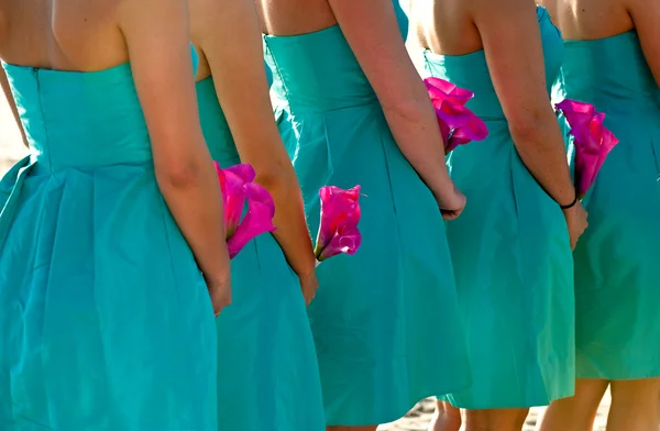 Bridesmaids holding hot pink flowers — Stock Photo, Image