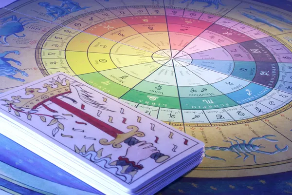 Карты Таро и колесо Зодиака — стоковое фото