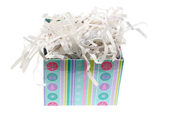 Trituradores de papel na caixa de presente — Fotografia de Stock