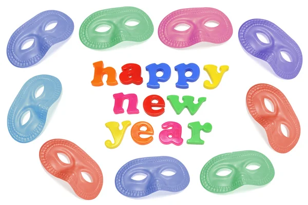 Happy New Year and Party Masks — Stock Photo, Image
