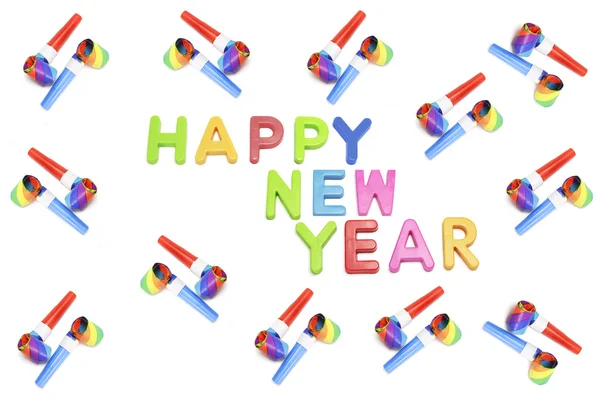 Happy new year en partij ventilatoren — Stockfoto