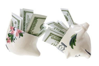 Broken Piggy Bank with Dollar Notes clipart