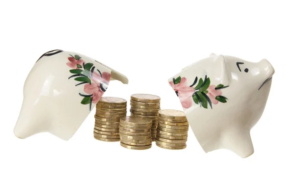 Broken Piggy Bank with Coins — Stock Photo, Image