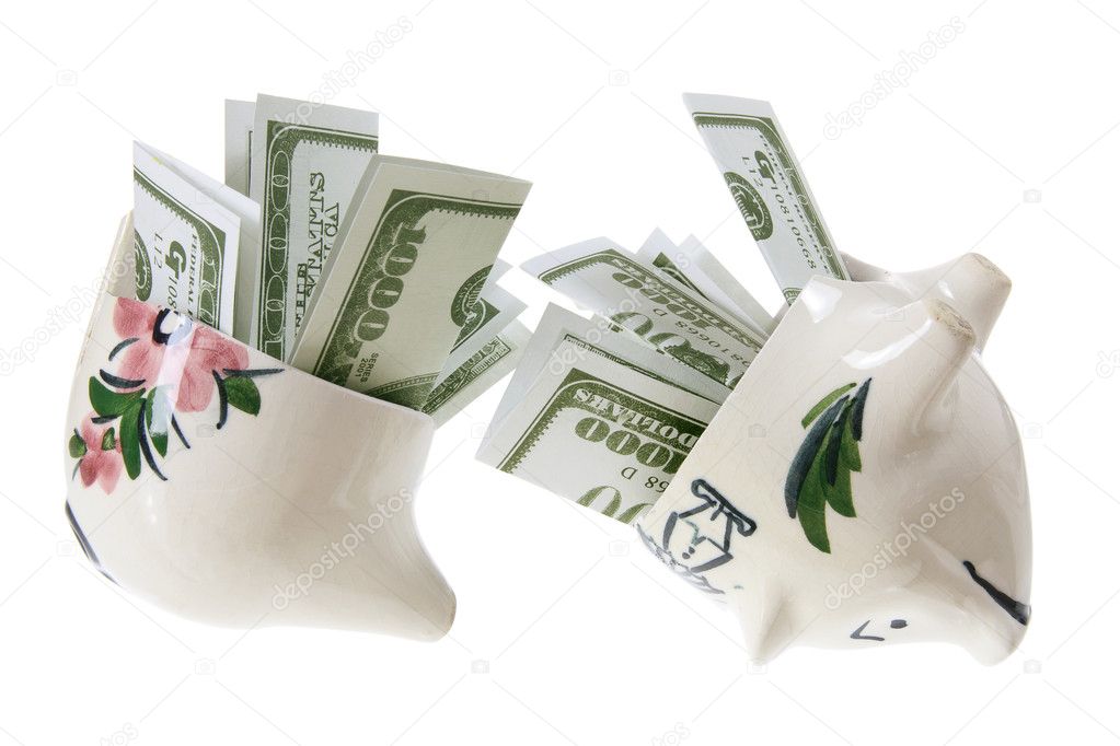 Broken Piggy Bank with Dollar Notes