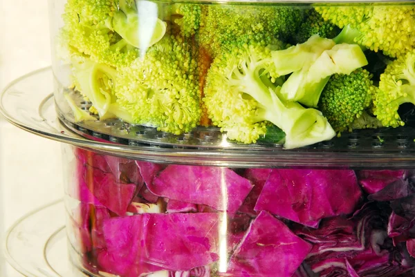 Färgglada grönsaker i ångbåt — Stockfoto