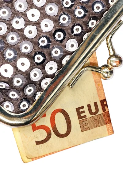 Sac à main en argent avec cinquante euros — Photo