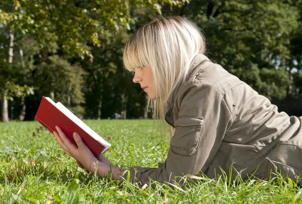 Jovem mulher lendo um livro em um prado — Fotografia de Stock