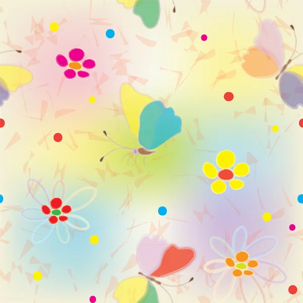 Modèle sans couture arc-en-ciel avec des papillons, des fleurs et des taches — Image vectorielle