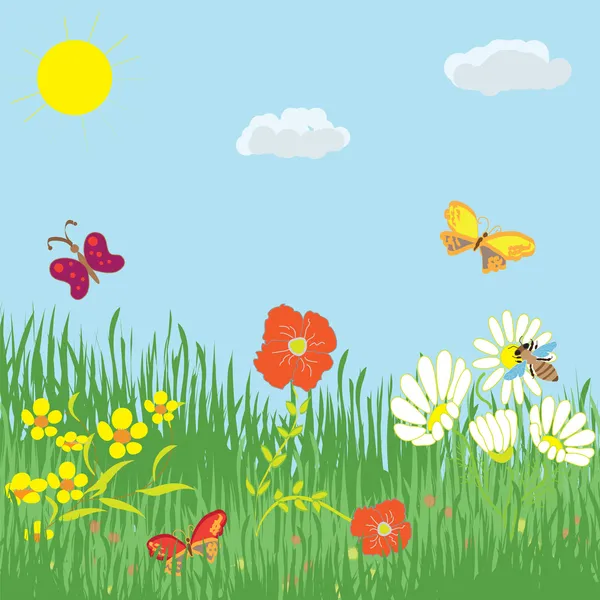 Мультяшний літній пейзаж з травою, квітами, метеликами, небом і сонцем — стоковий вектор