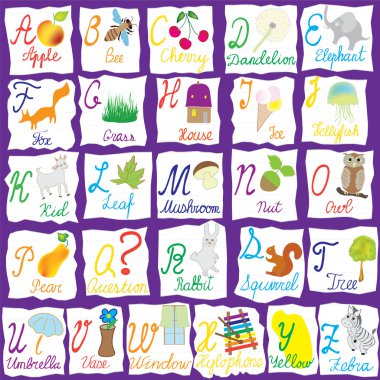 English alphabet with letters, words and pictures isolated on violet backgr clipart