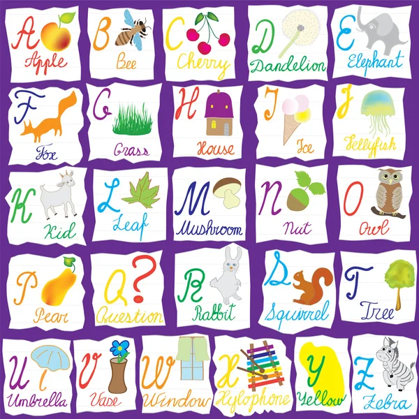 Alfabeto inglês com letras, palavras e imagens isoladas em violeta backgr — Vetor de Stock