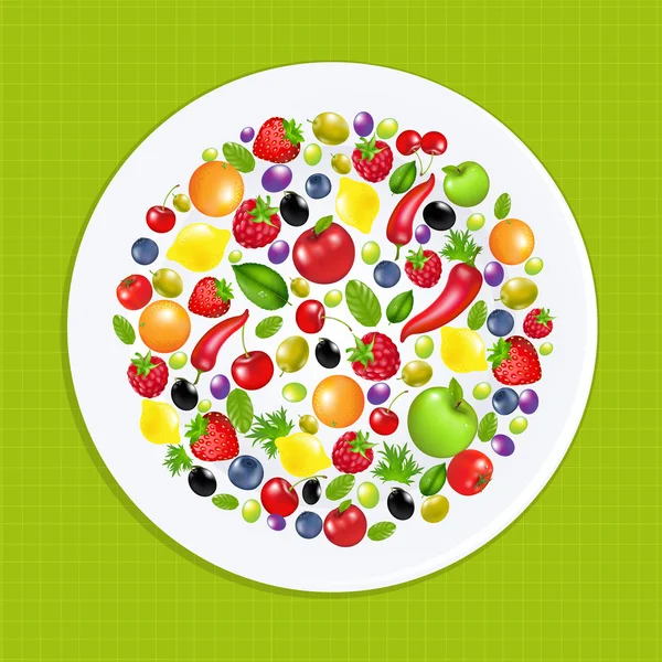 Placa blanca con frutas y verduras — Vector de stock