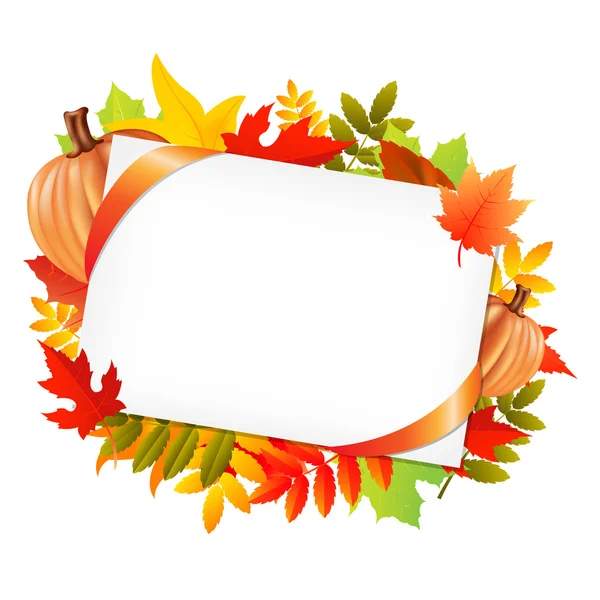 Hojas de otoño y etiqueta de regalo en blanco con calabazas — Vector de stock