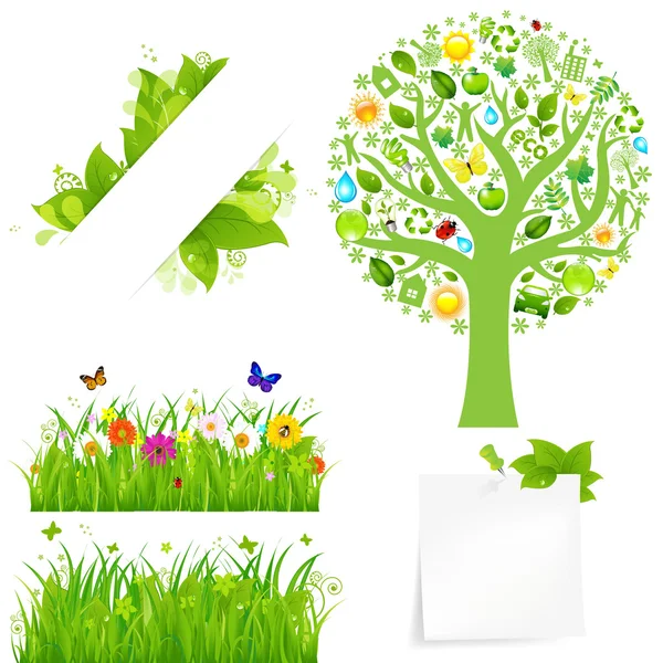 Hierba verde con flores y árbol — Vector de stock