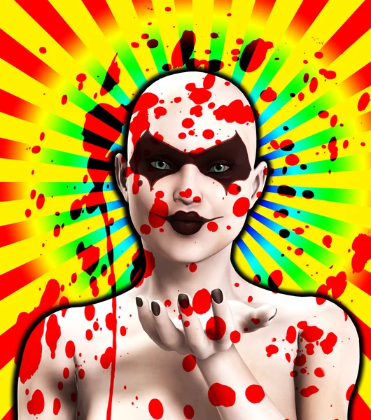 Bloed bedekt psycho vrouwelijke clown blaast een kus — Stockfoto