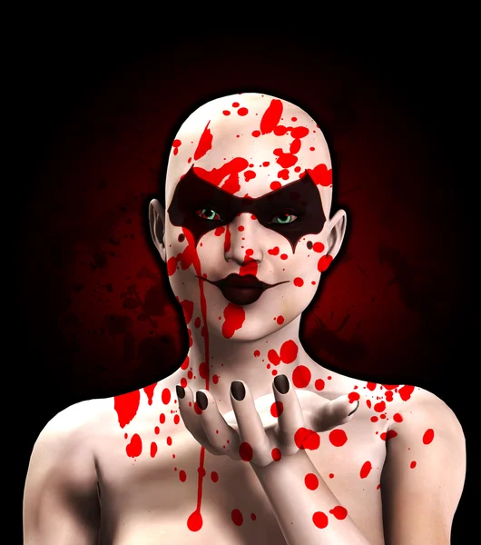 Psycho ženský klaun foukání pusu od krve — Stock fotografie