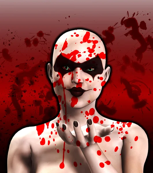 Sangue coberto psicótico fêmea palhaço soprando um beijo — Fotografia de Stock