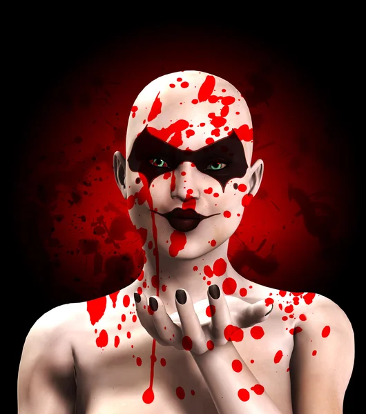 Sangue coberto psicótico fêmea palhaço soprando um beijo — Fotografia de Stock