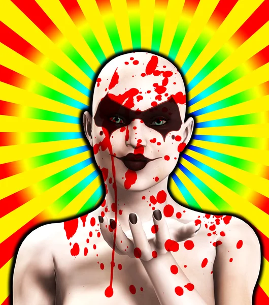 Blod täckte psycho kvinnlig clown blåser en kyss — Stockfoto