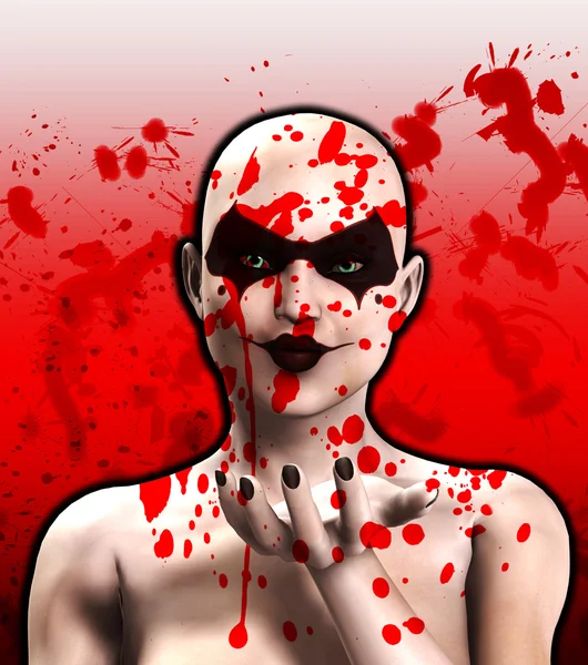 Psycho ženský klaun foukání pusu od krve — Stock fotografie
