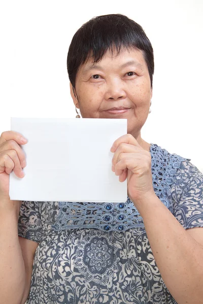 Konzeptfoto einer asiatischen Frau mit einer weißen Karte — Stockfoto