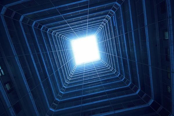 Kvadratiska byggnad i blå ton, göra science fiction känsla — Stockfoto