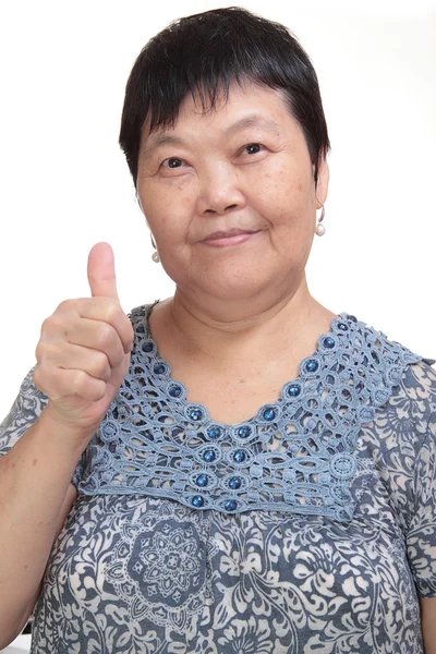 Feliz asiático joven mujer dar usted un excelente gesto con frien — Foto de Stock