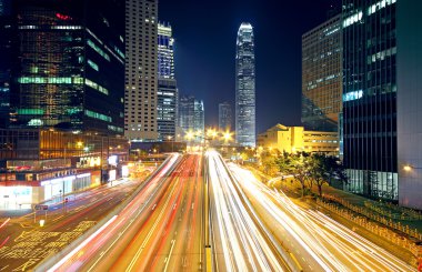 Colorful city night with lights of cars motion blurred in hong k clipart