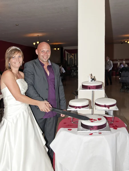 花嫁と新郎がケーキを切り — ストック写真