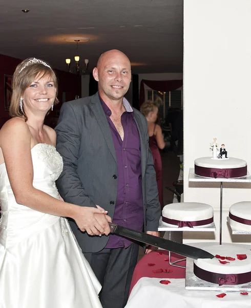Menyasszony és vőlegény vágja a tortát — Stock Fotó