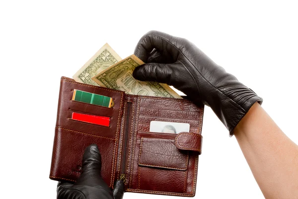 Hands in black gloves with wallet — Stock Photo, Image
