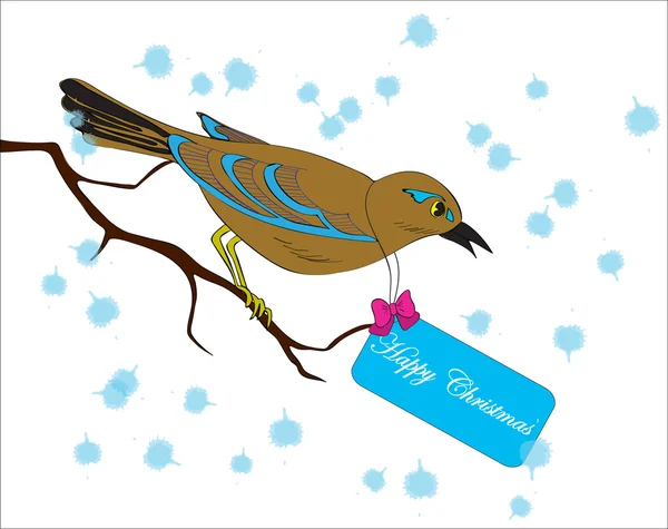 Pájaro en una rama con una tarjeta de felicitación para Navidad — Vector de stock