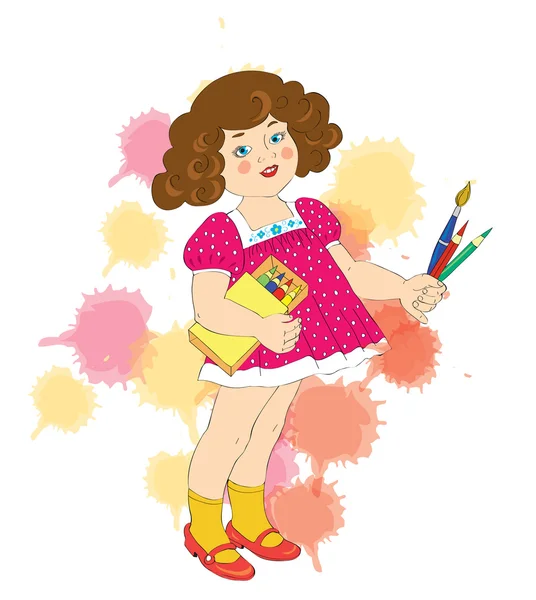 The beautiful girl with pencils and a brush. — Stock Vector
