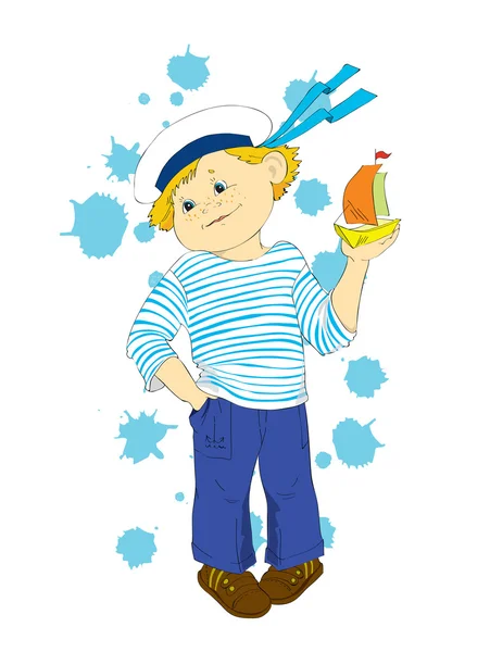 Der junge Seemann mit einem Spielzeugschiff. — Stockvektor