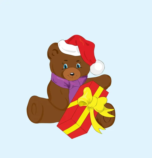 Toy bear with a gift for new year. — Stock Vector